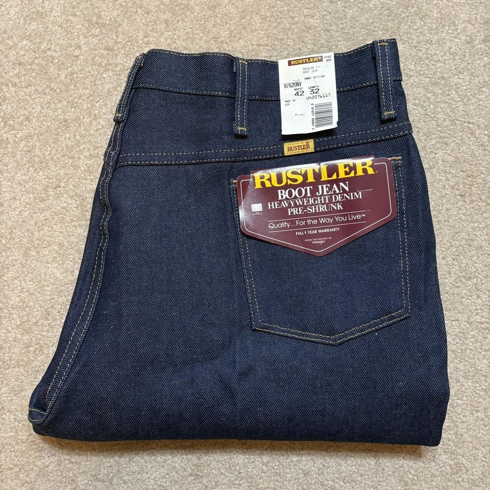 Vtg 70s Rustler Jeans NWT Mens 42x32 Blue Dark Wash‎ Bootcut Denim USA Talon Zip